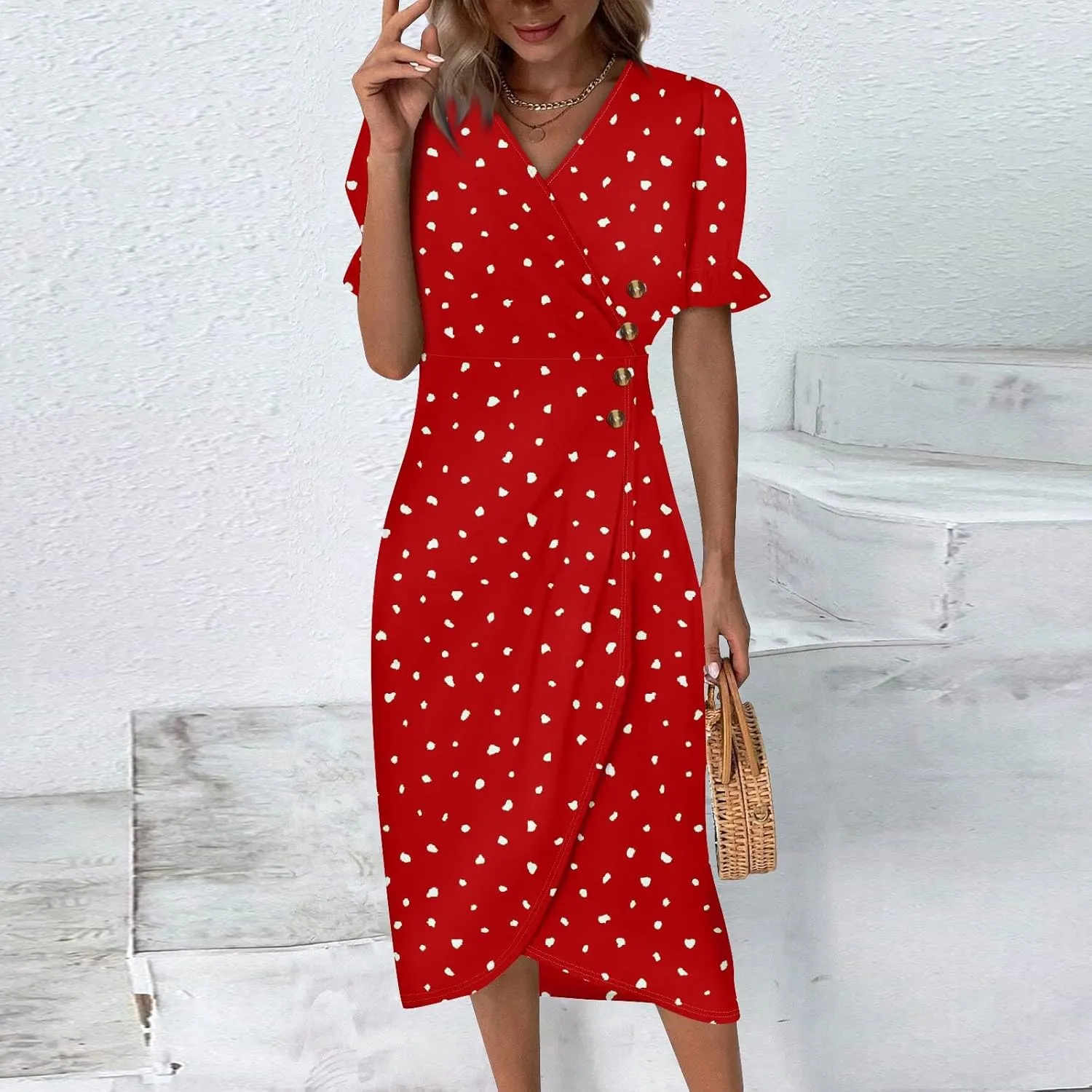 Dresses for Women 2024 Spring Summer Trendy Elegant V Neck Wrap Floral Dress Flowy Ruched Irregular Hem Midi Dresses
