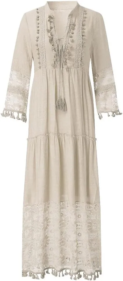 Dresses for Women Maxi Long Sleeve V Neck Lace Bohemian Maxi Dress Vintage Fashion Boho Floral Print Long Dress Party