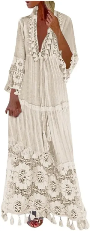 Dresses for Women Maxi Long Sleeve V Neck Lace Bohemian Maxi Dress Vintage Fashion Boho Floral Print Long Dress Party