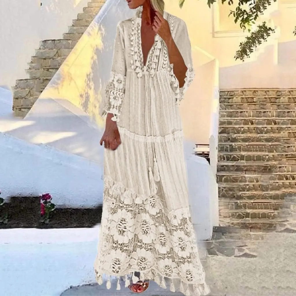 Dresses for Women Maxi Long Sleeve V Neck Lace Bohemian Maxi Dress Vintage Fashion Boho Floral Print Long Dress Party