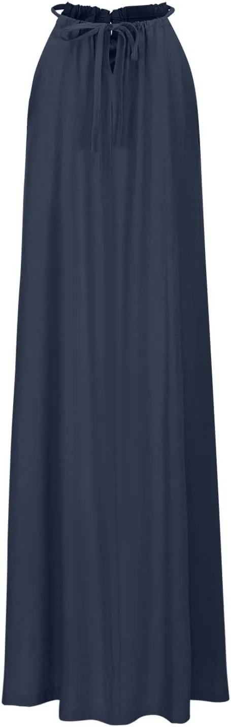 Dresses for Women Summer Casual Linen Halter Maxi Dresses Sleeveless Crewneck Slit Elegant Beach Flowy Sundress 2024