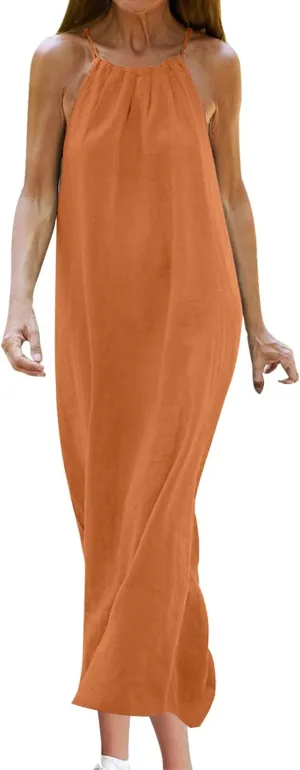 Dresses for Women Summer Casual Linen Halter Maxi Dresses Sleeveless Crewneck Slit Elegant Beach Flowy Sundress 2024
