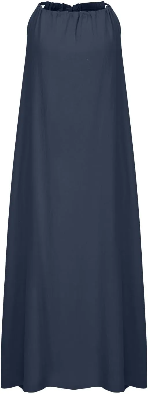 Dresses for Women Summer Casual Linen Halter Maxi Dresses Sleeveless Crewneck Slit Elegant Beach Flowy Sundress 2024