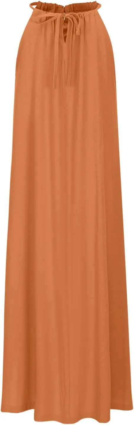 Dresses for Women Summer Casual Linen Halter Maxi Dresses Sleeveless Crewneck Slit Elegant Beach Flowy Sundress 2024