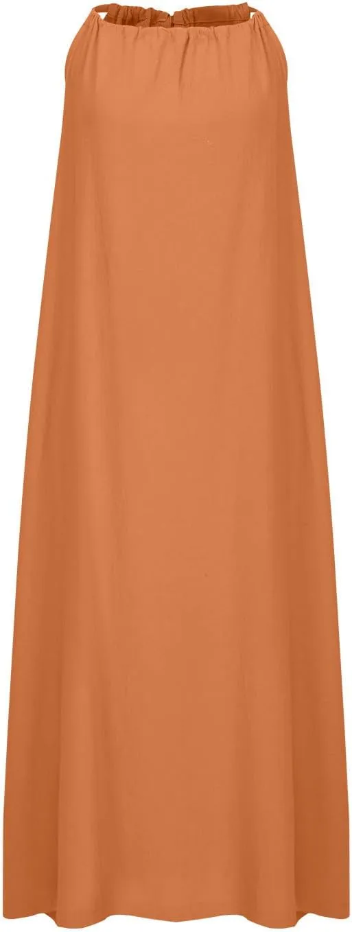 Dresses for Women Summer Casual Linen Halter Maxi Dresses Sleeveless Crewneck Slit Elegant Beach Flowy Sundress 2024
