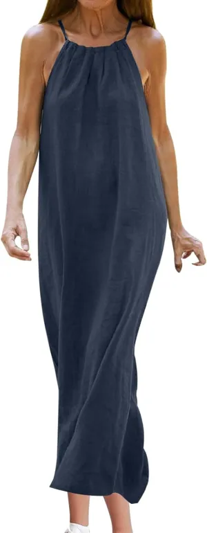 Dresses for Women Summer Casual Linen Halter Maxi Dresses Sleeveless Crewneck Slit Elegant Beach Flowy Sundress 2024