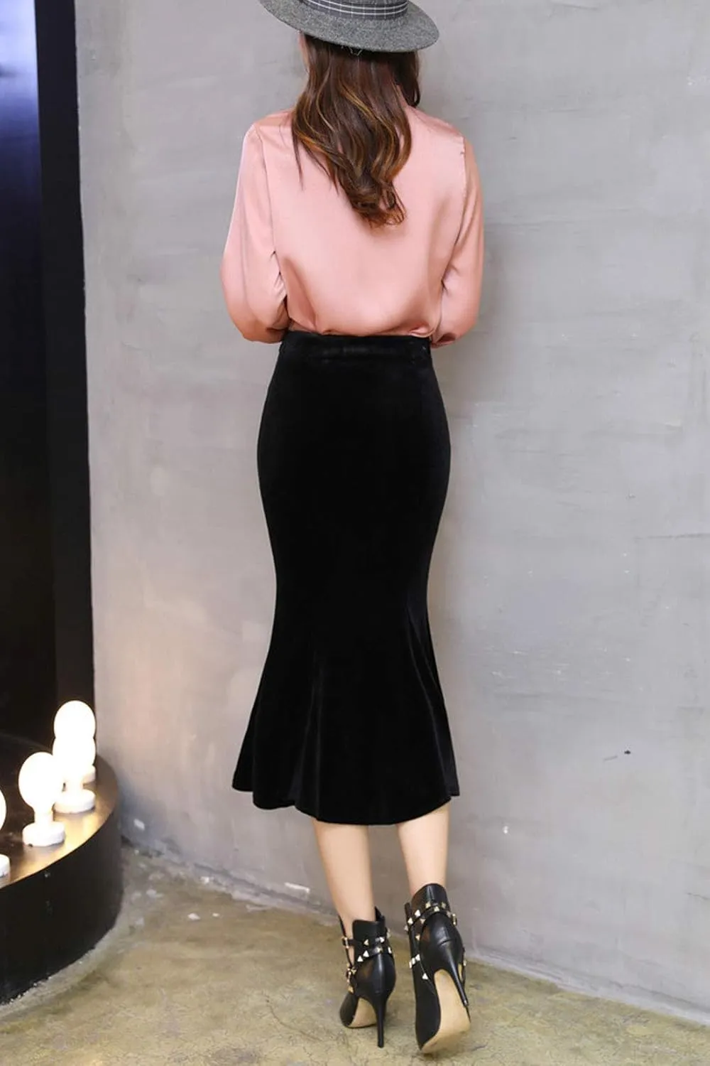 ebossy Women's Shimmer Velvet Skirt Elegant Bodycon Fishtail Mermaid Midi Pencil Skirt
