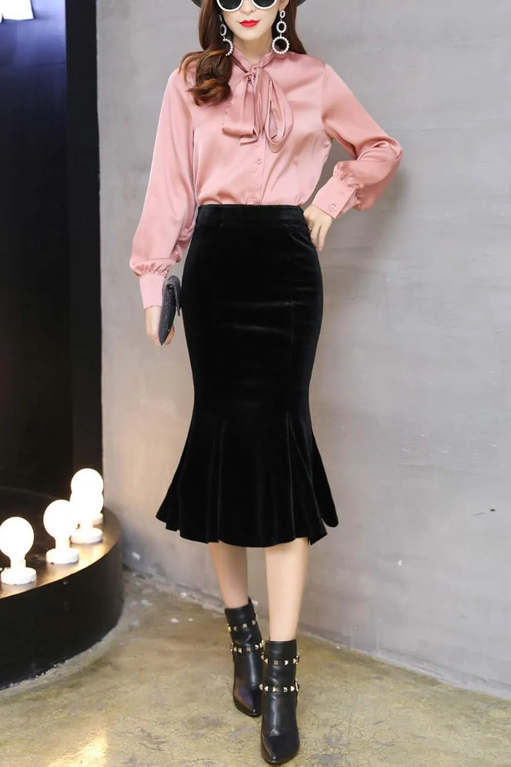 ebossy Women's Shimmer Velvet Skirt Elegant Bodycon Fishtail Mermaid Midi Pencil Skirt