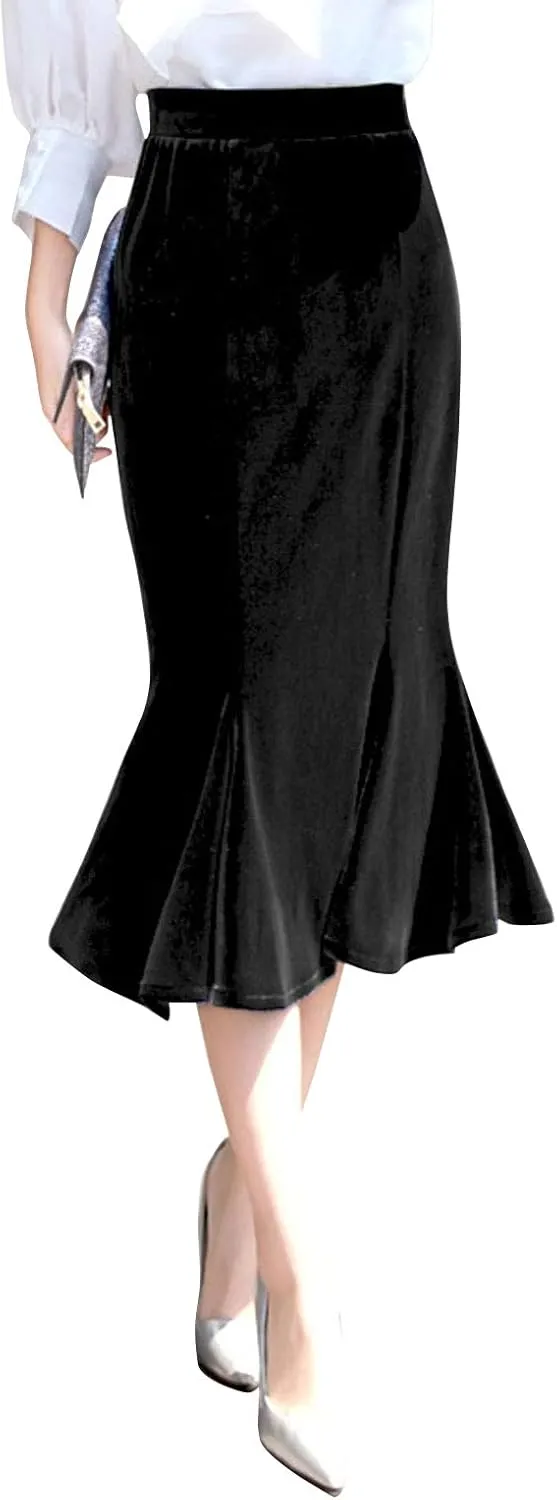 ebossy Women's Shimmer Velvet Skirt Elegant Bodycon Fishtail Mermaid Midi Pencil Skirt
