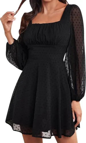 Elegant Party Night Dresses for Women 2024 Sexy Sheer Sleeve Square Neck Mini Dresses Slim Empire Waist Ruffle Dress