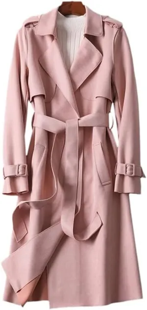 Elegant Pink Long Trench Coat for Women Classic England Style with Belt