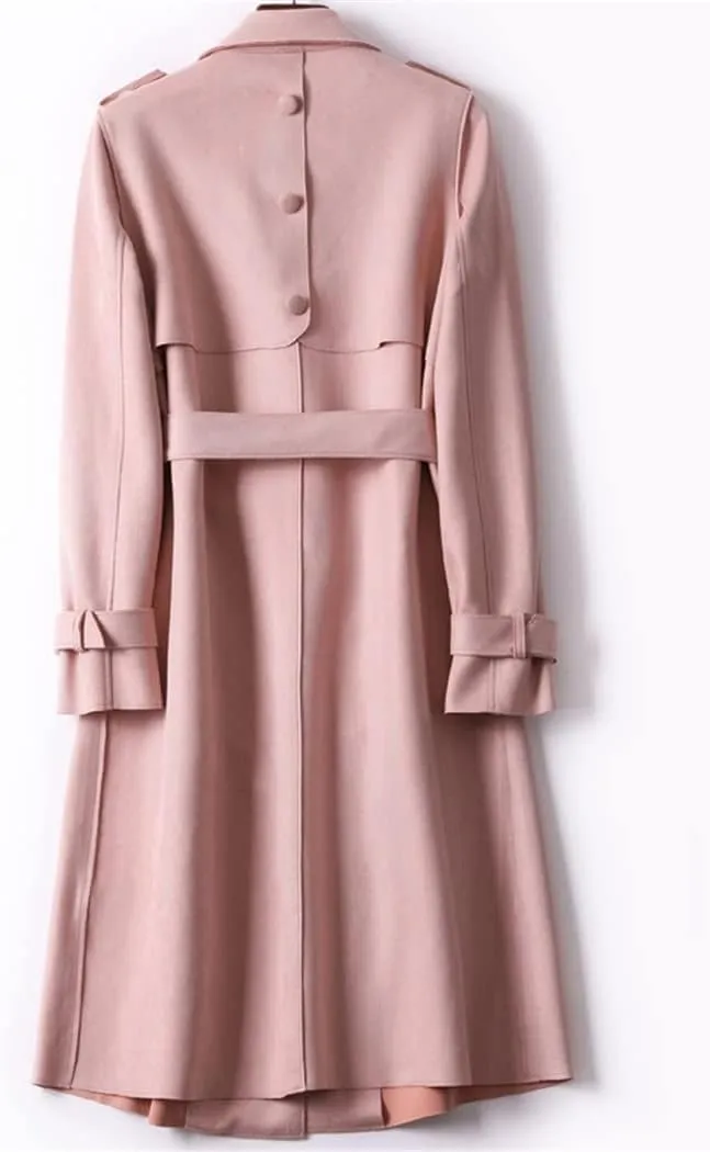 Elegant Pink Long Trench Coat for Women Classic England Style with Belt