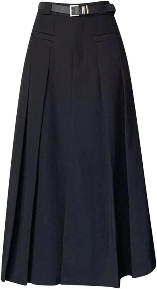 Elegant Pleated Skirts Women Autumn High Waist A-Line Midi Skirt Suit Long Skirts
