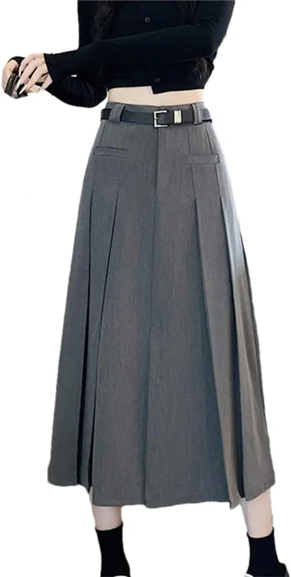 Elegant Pleated Skirts Women Autumn High Waist A-Line Midi Skirt Suit Long Skirts