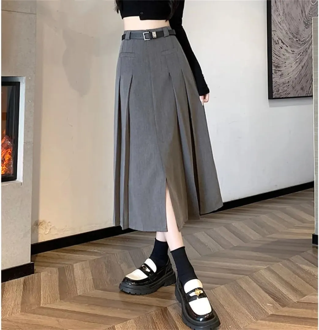 Elegant Pleated Skirts Women Autumn High Waist A-Line Midi Skirt Suit Long Skirts