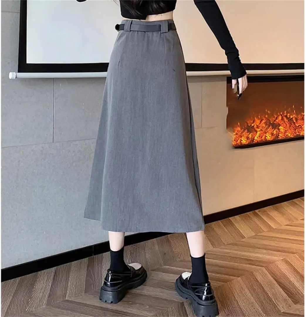 Elegant Pleated Skirts Women Autumn High Waist A-Line Midi Skirt Suit Long Skirts