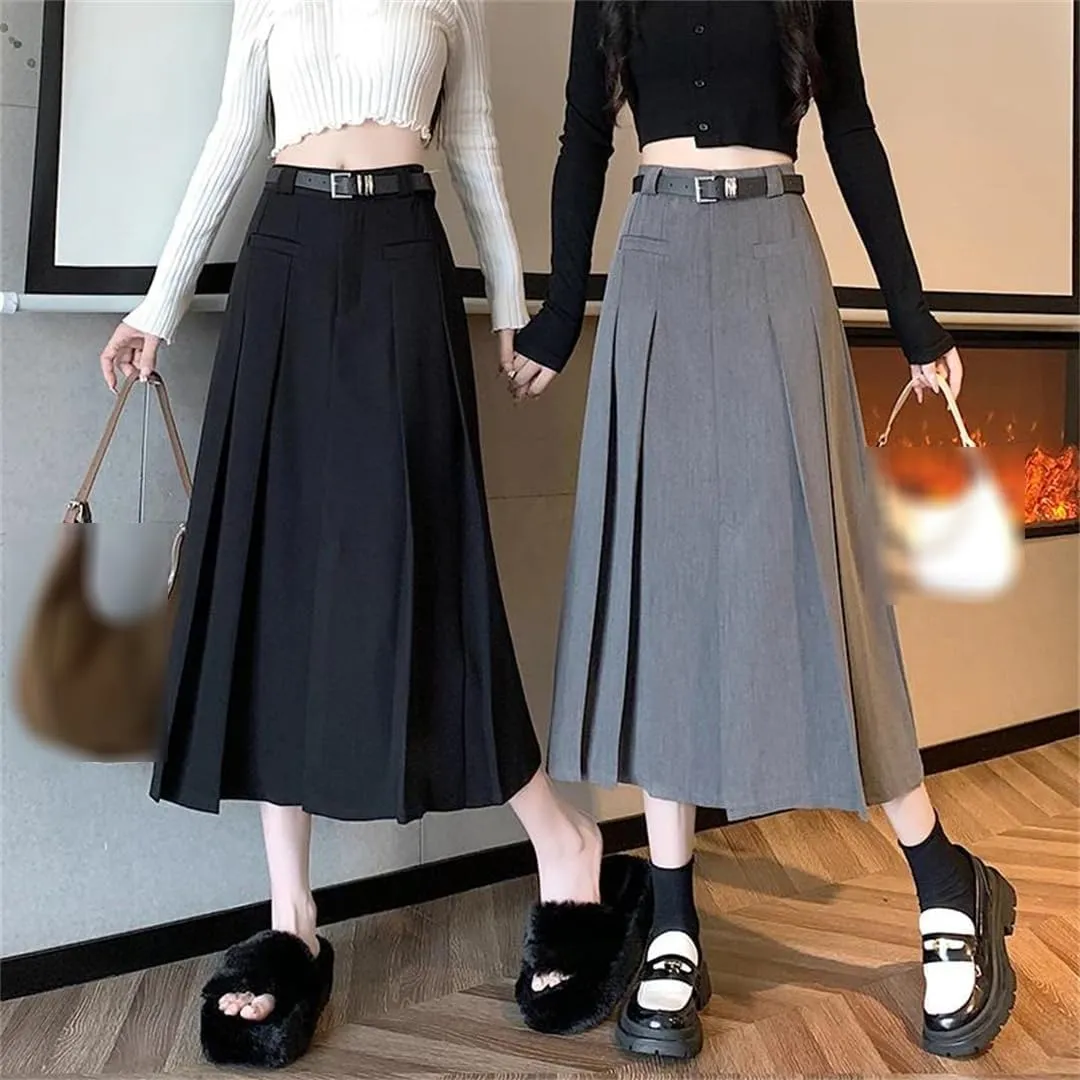 Elegant Pleated Skirts Women Autumn High Waist A-Line Midi Skirt Suit Long Skirts