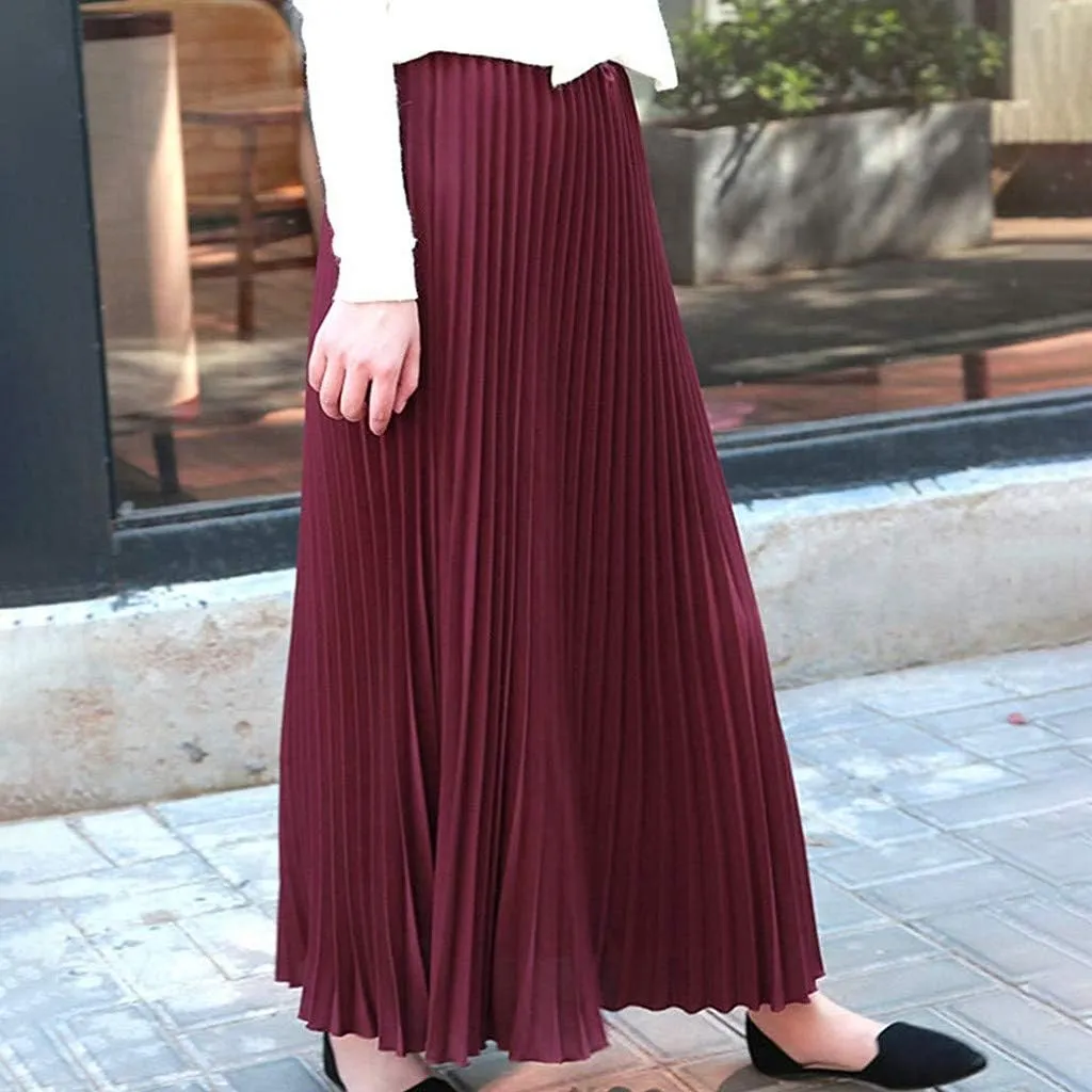 Elegant Womens Elastic Solid Skirt Midi Waist Pleated Skirt A Line Women Skirts