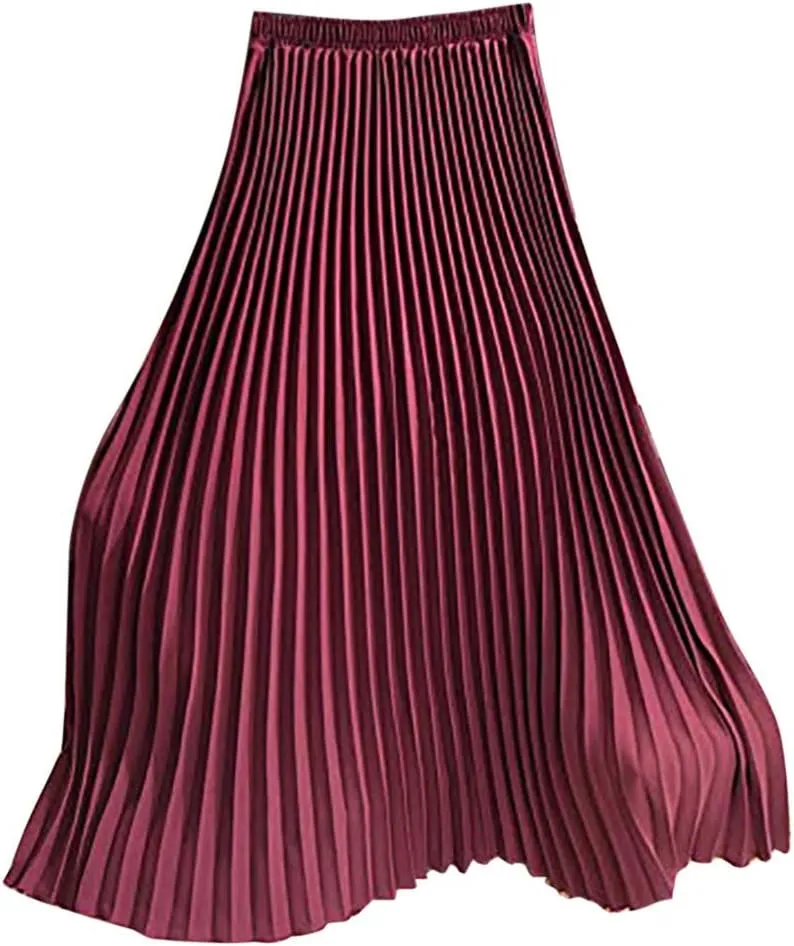 Elegant Womens Elastic Solid Skirt Midi Waist Pleated Skirt A Line Women Skirts