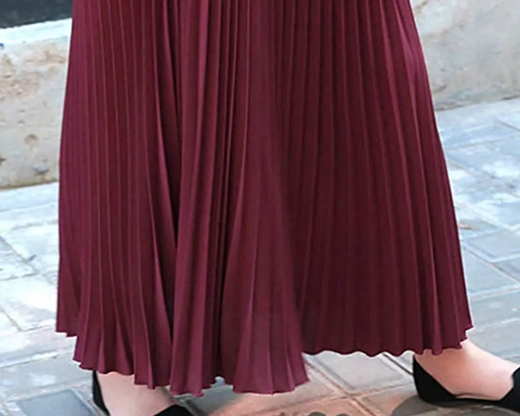 Elegant Womens Elastic Solid Skirt Midi Waist Pleated Skirt A Line Women Skirts