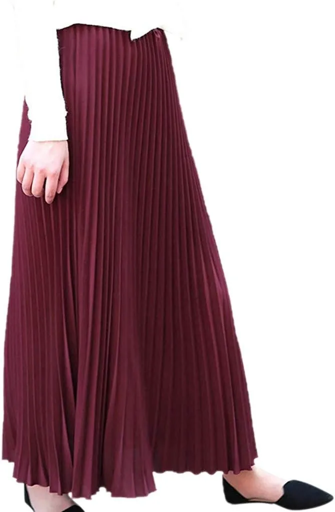Elegant Womens Elastic Solid Skirt Midi Waist Pleated Skirt A Line Women Skirts