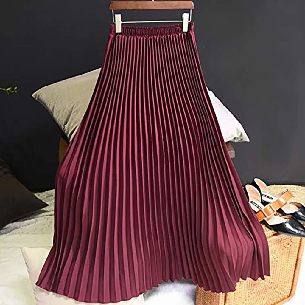 Elegant Womens Elastic Solid Skirt Midi Waist Pleated Skirt A Line Women Skirts