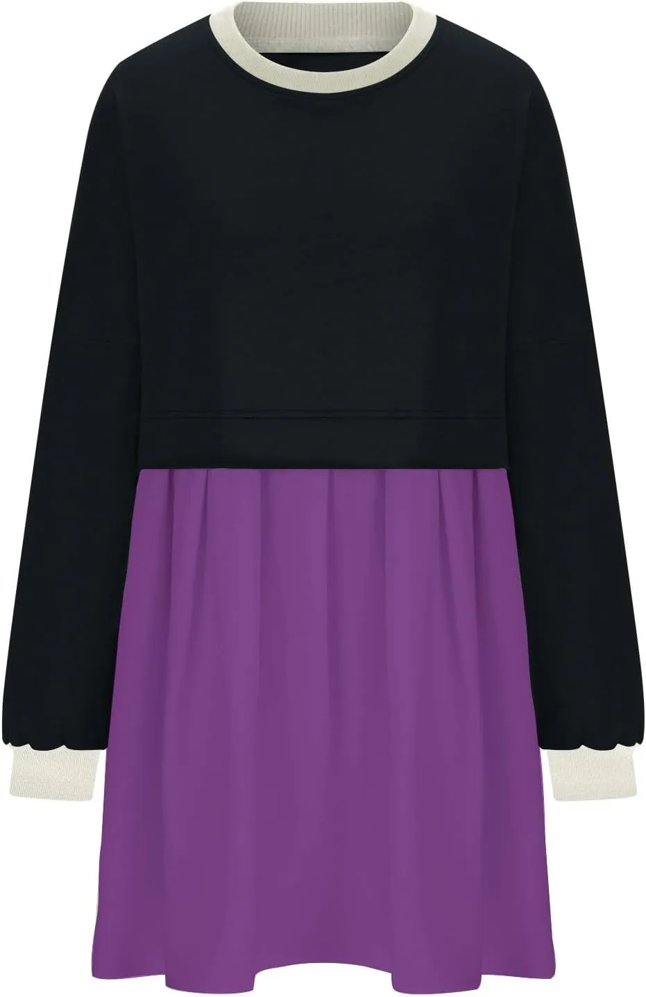 Fall Dress for Women 2024 Cute Color Block Long Sleeve Crewneck Sweatshirt Dresses Causal Fashion Ruffle Mini Dress