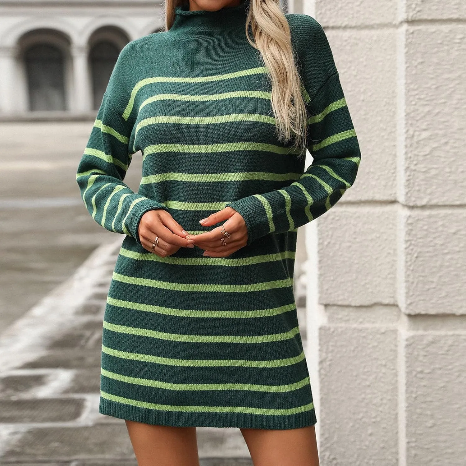 Fall Dresses for Women 2024 Fashion Long Sleeve Knitted Sweater Dress Causal Mock Neck Striped Fall Pullover Outfits
