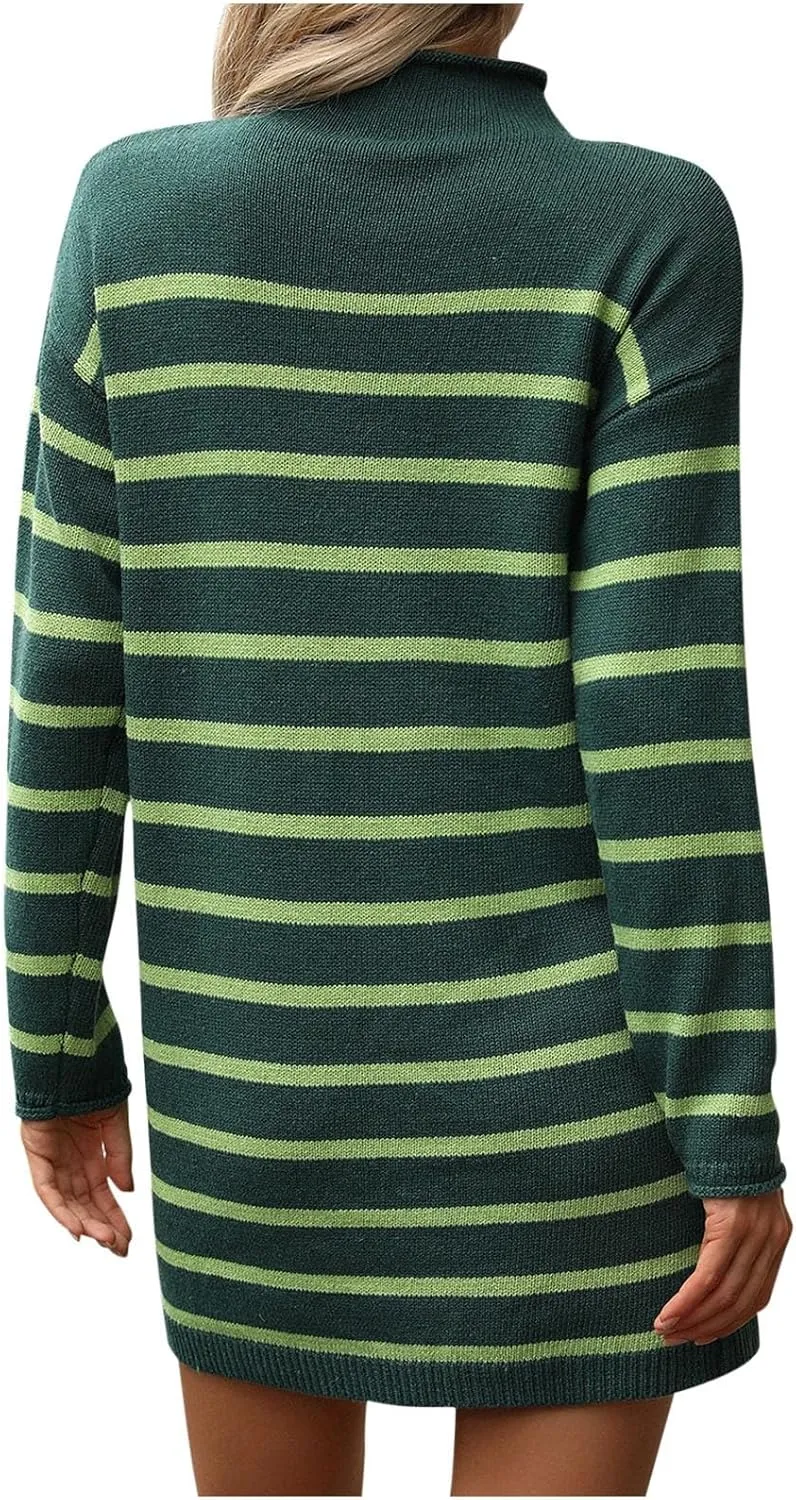 Fall Dresses for Women 2024 Fashion Long Sleeve Knitted Sweater Dress Causal Mock Neck Striped Fall Pullover Outfits