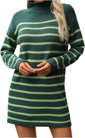 Fall Dresses for Women 2024 Fashion Long Sleeve Knitted Sweater Dress Causal Mock Neck Striped Fall Pullover Outfits