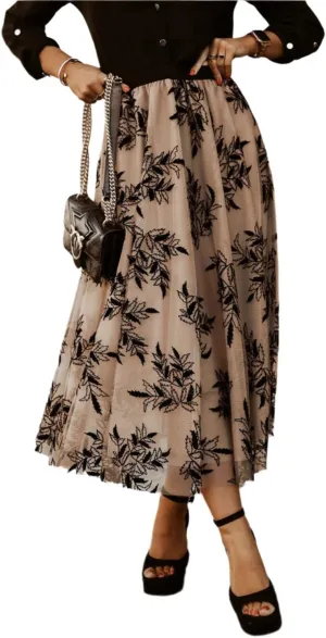FASHION JUNKY Apricot Floral Leaves Embroidered High Waist Maxi Skirt