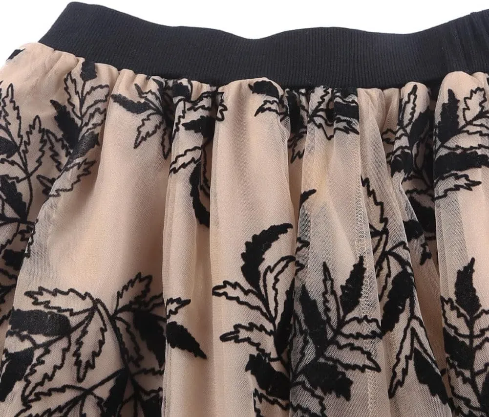 FASHION JUNKY Apricot Floral Leaves Embroidered High Waist Maxi Skirt