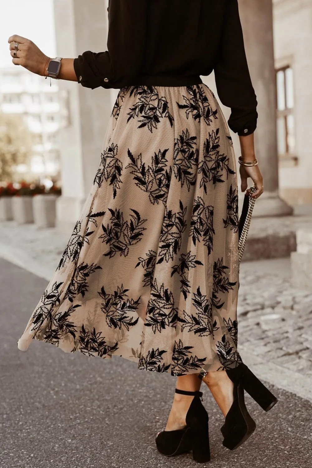 FASHION JUNKY Apricot Floral Leaves Embroidered High Waist Maxi Skirt