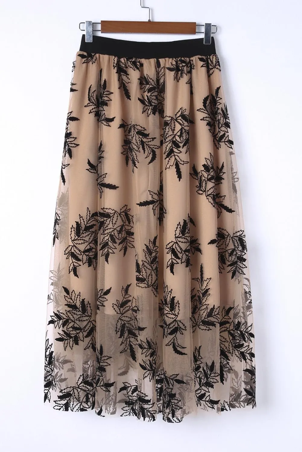 FASHION JUNKY Apricot Floral Leaves Embroidered High Waist Maxi Skirt