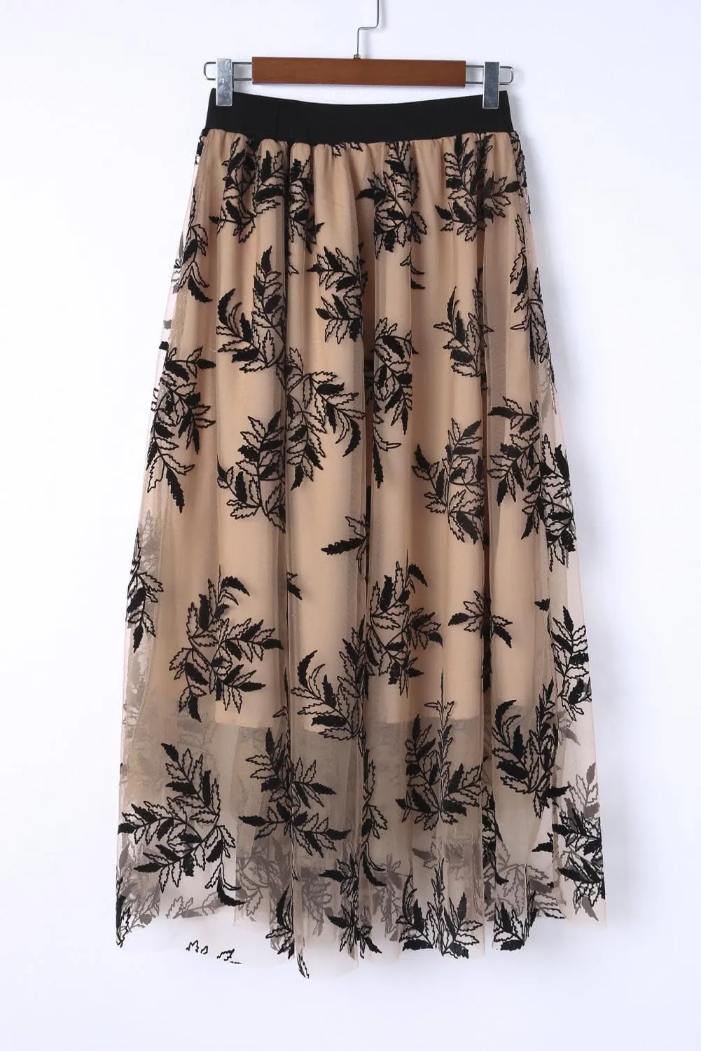 FASHION JUNKY Apricot Floral Leaves Embroidered High Waist Maxi Skirt
