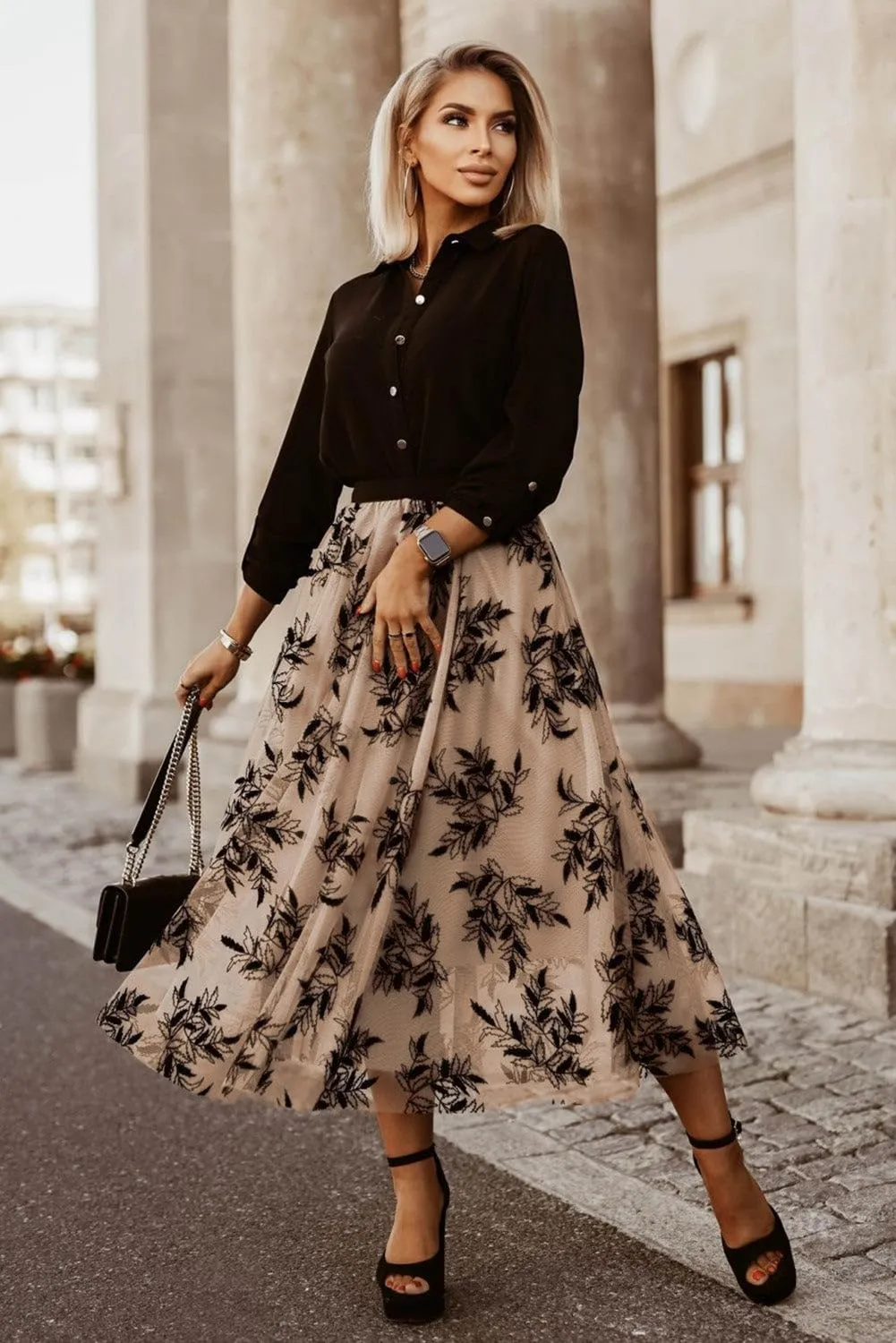 FASHION JUNKY Apricot Floral Leaves Embroidered High Waist Maxi Skirt