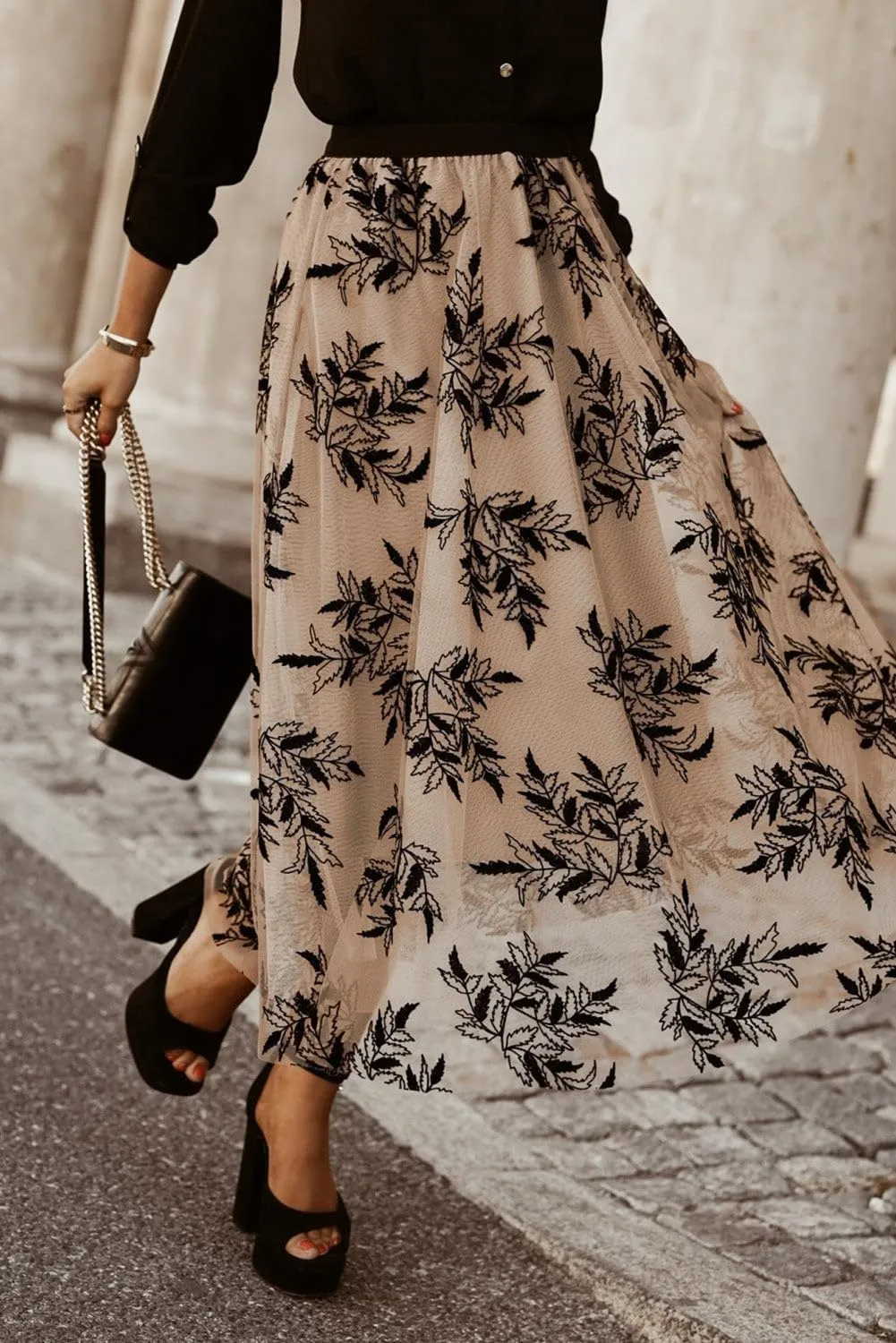 FASHION JUNKY Apricot Floral Leaves Embroidered High Waist Maxi Skirt