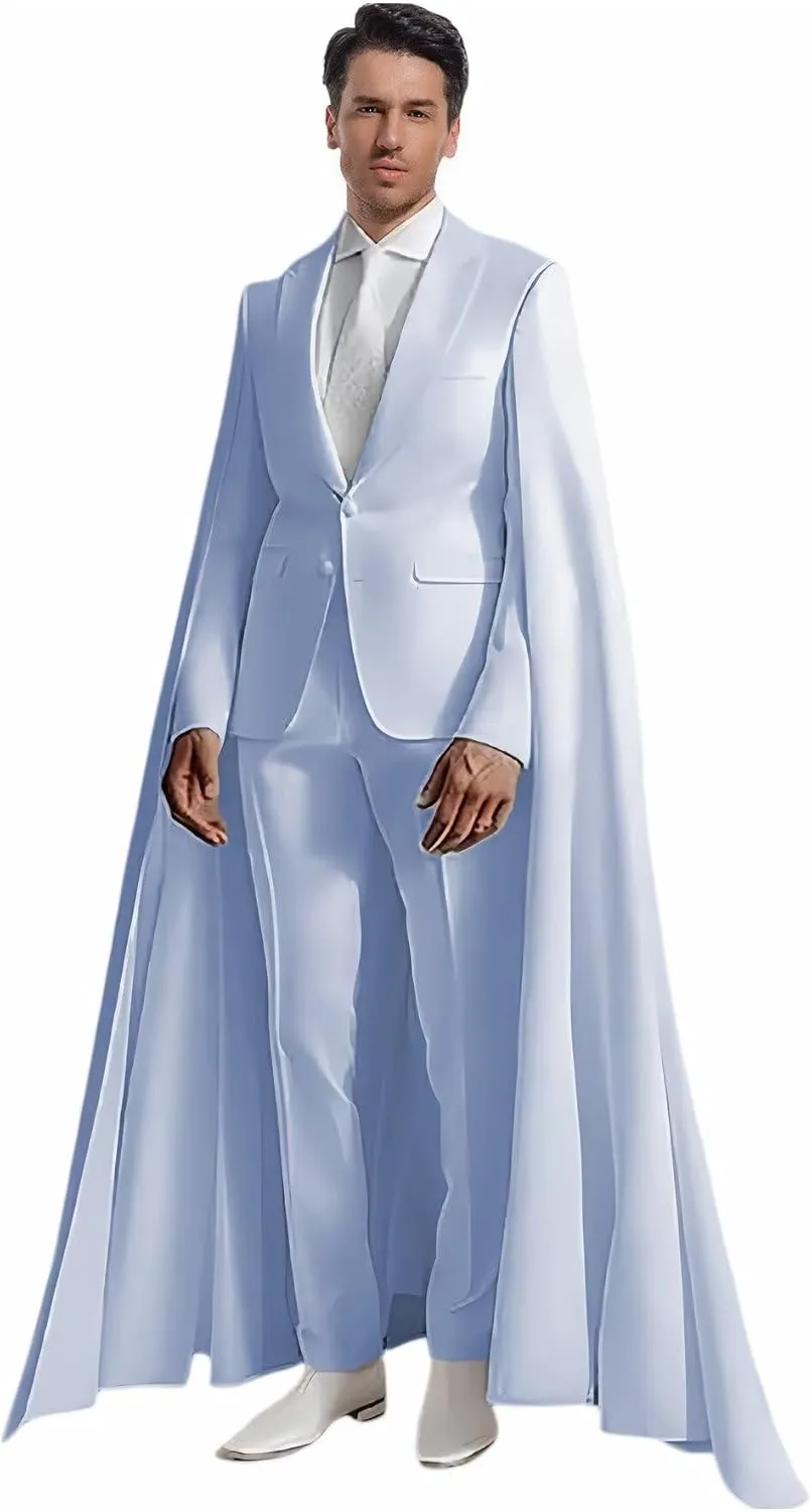 Fashion Mens Suit with Cape Classic Fit 2 Piece Peak Lapel Blazer Pants Single Breasted Prom Tuxedos for Party