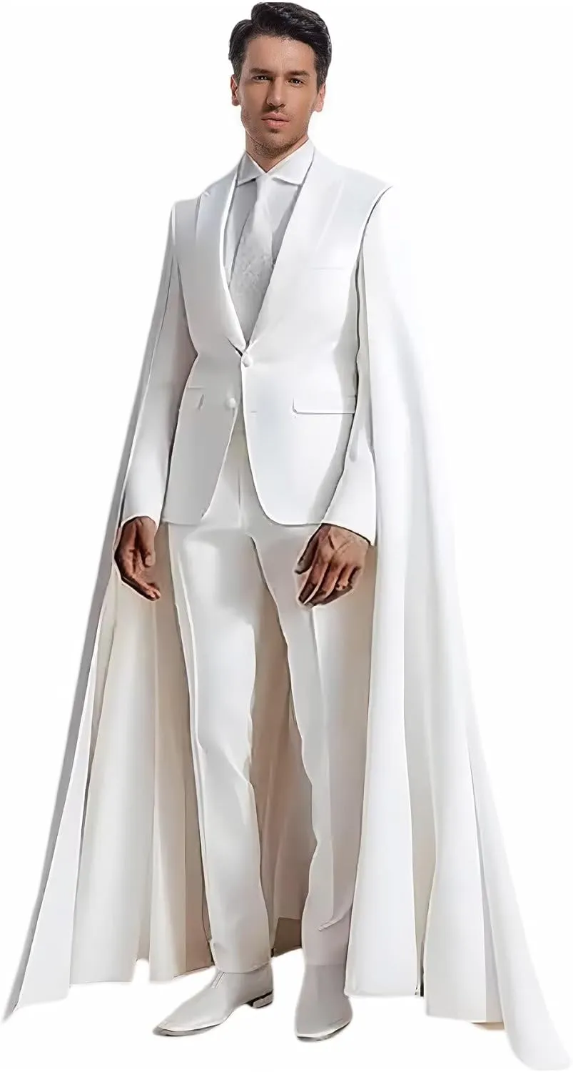 Fashion Mens Suit with Cape Classic Fit 2 Piece Peak Lapel Blazer Pants Single Breasted Prom Tuxedos for Party