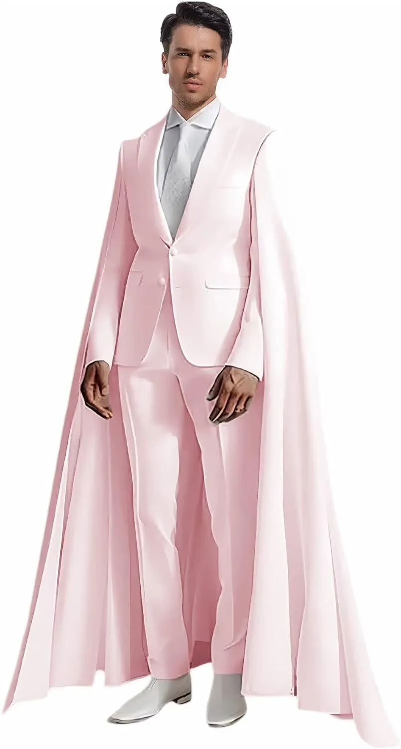 Fashion Mens Suit with Cape Classic Fit 2 Piece Peak Lapel Blazer Pants Single Breasted Prom Tuxedos for Party