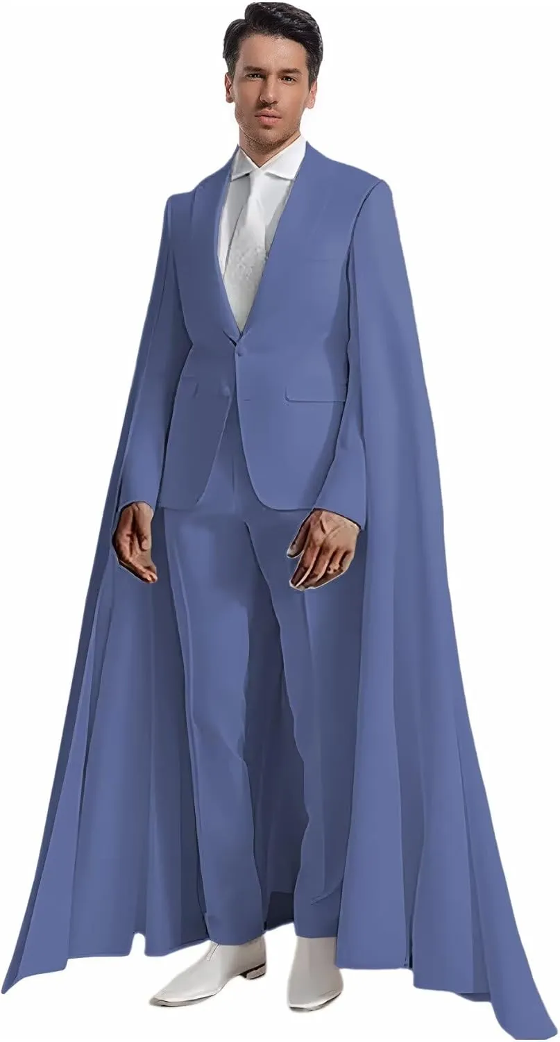 Fashion Mens Suit with Cape Classic Fit 2 Piece Peak Lapel Blazer Pants Single Breasted Prom Tuxedos for Party