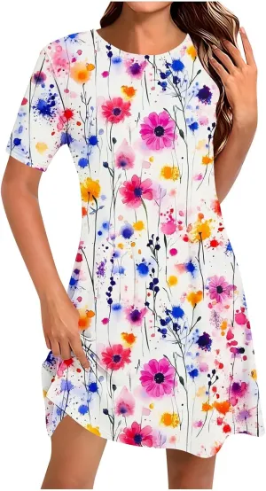 Fashion Summer Dresses for Women's 2025 Trendy Boho Floral Print Dress Dressy Casual Flowy Short Mini Tshirt Sundress
