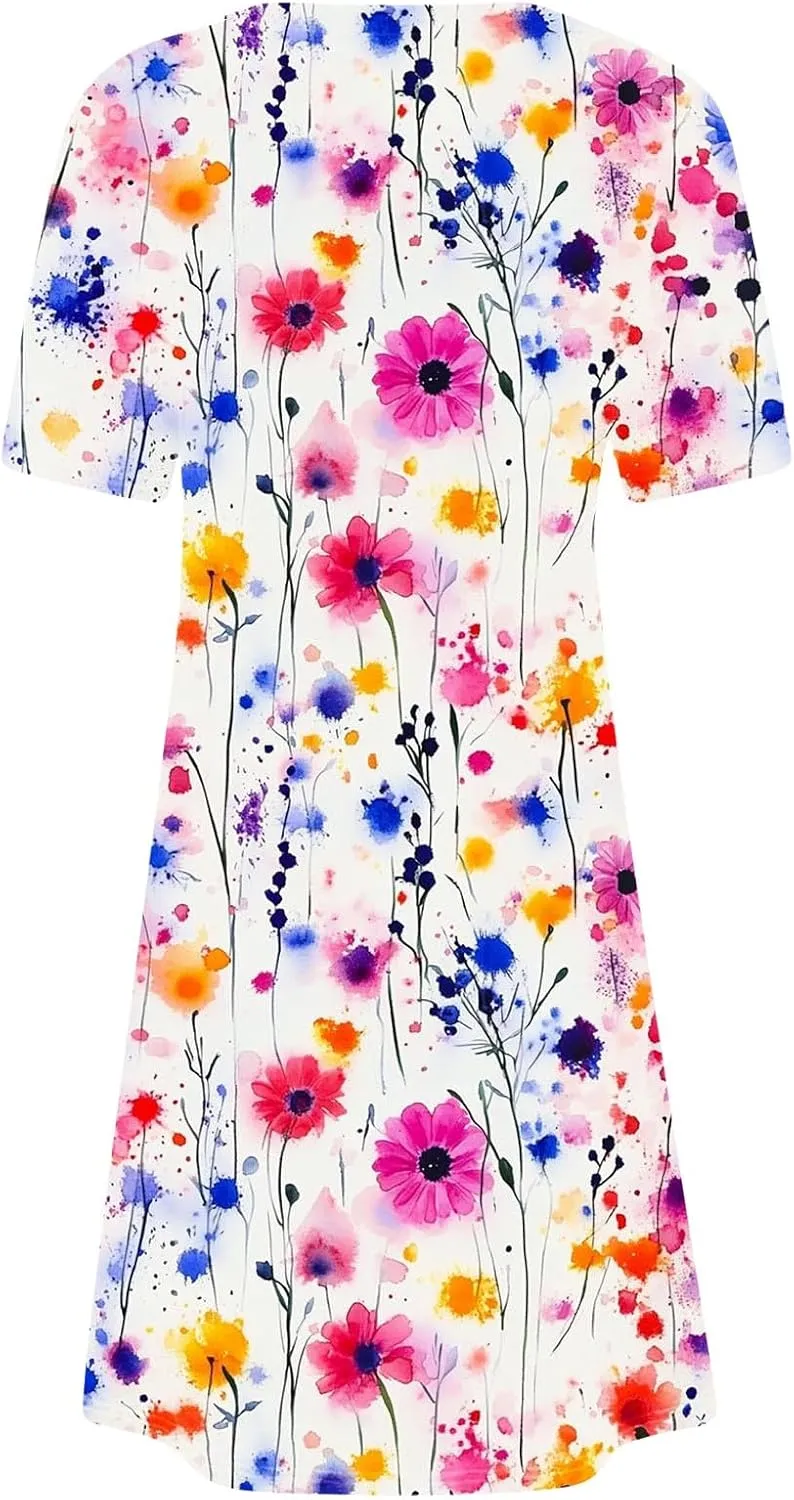 Fashion Summer Dresses for Women's 2025 Trendy Boho Floral Print Dress Dressy Casual Flowy Short Mini Tshirt Sundress