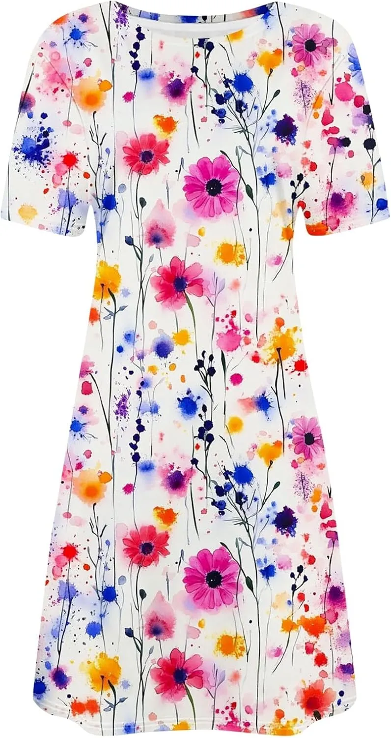 Fashion Summer Dresses for Women's 2025 Trendy Boho Floral Print Dress Dressy Casual Flowy Short Mini Tshirt Sundress
