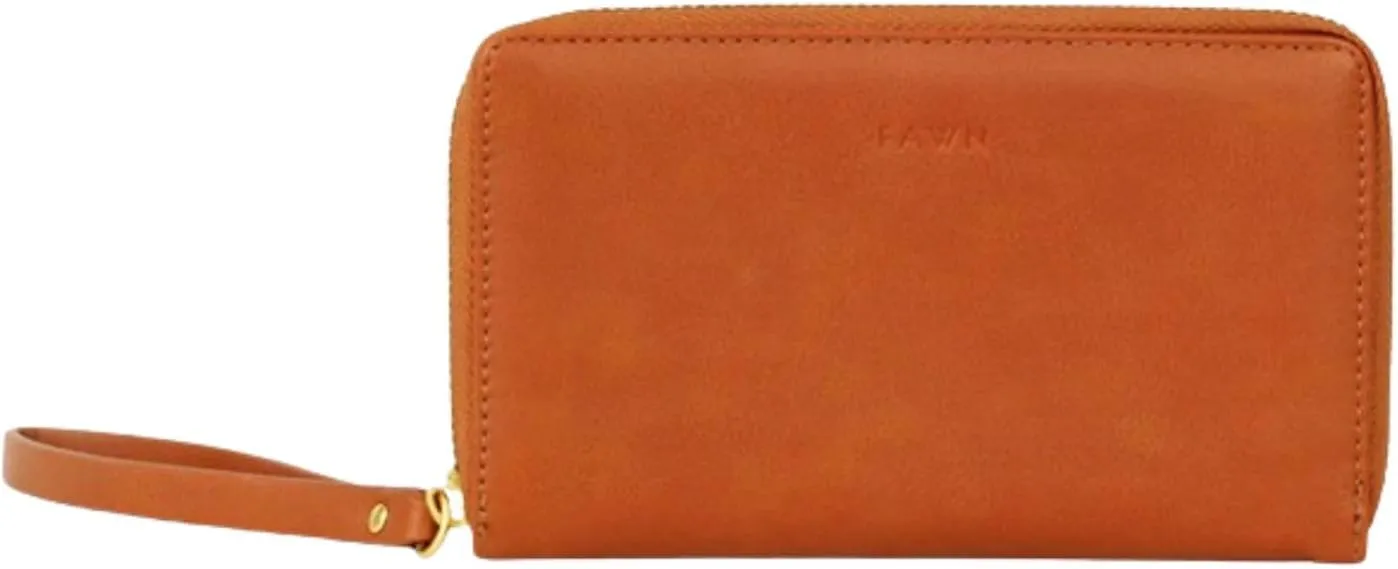 FAWN DESIGN The Wallet, Faux Leather Womens Wallet with Coin Pocket, ID and Credit Card Holder, Minimalist Wallet Women, Zipper Wallet with Wristlet Strap, 6.75 x 4 x 1 inches, Brown
