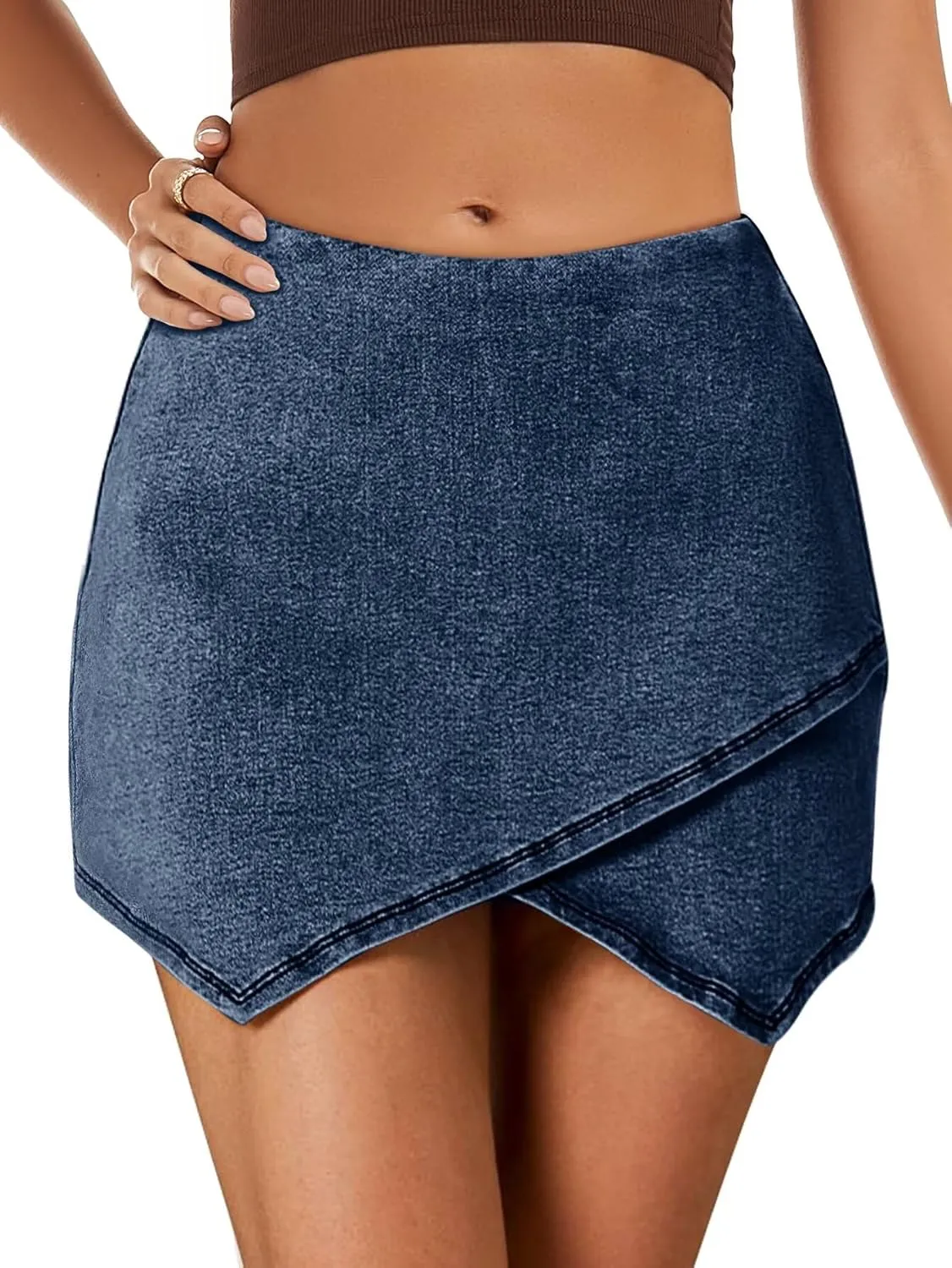 FEKOAFE Denim Skorts for Woman 2025 High Waist Trendy Slit Stretchy Y2K Denim Wrap Skirt with Shorts
