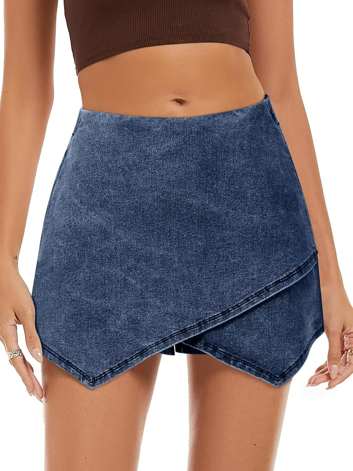 FEKOAFE Denim Skorts for Woman 2025 High Waist Trendy Slit Stretchy Y2K Denim Wrap Skirt with Shorts