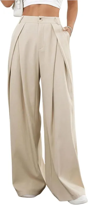 Floerns Women's Elegant Wide Leg Tapered Suit Pants Office Pleated Trousers