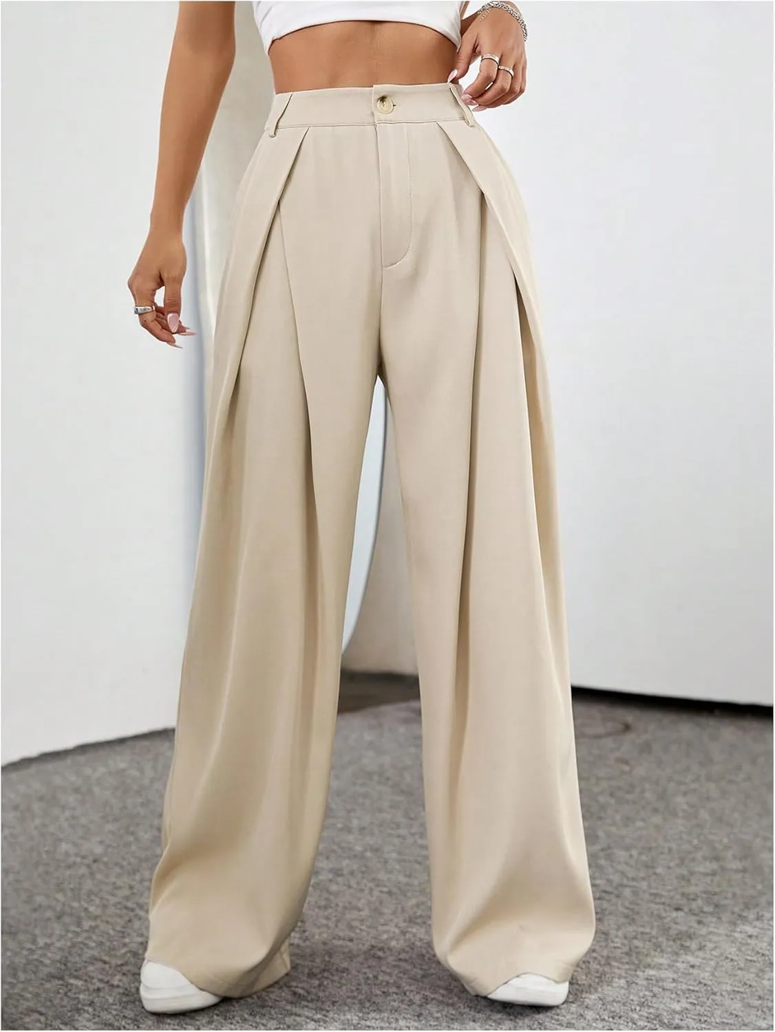 Floerns Women's Elegant Wide Leg Tapered Suit Pants Office Pleated Trousers