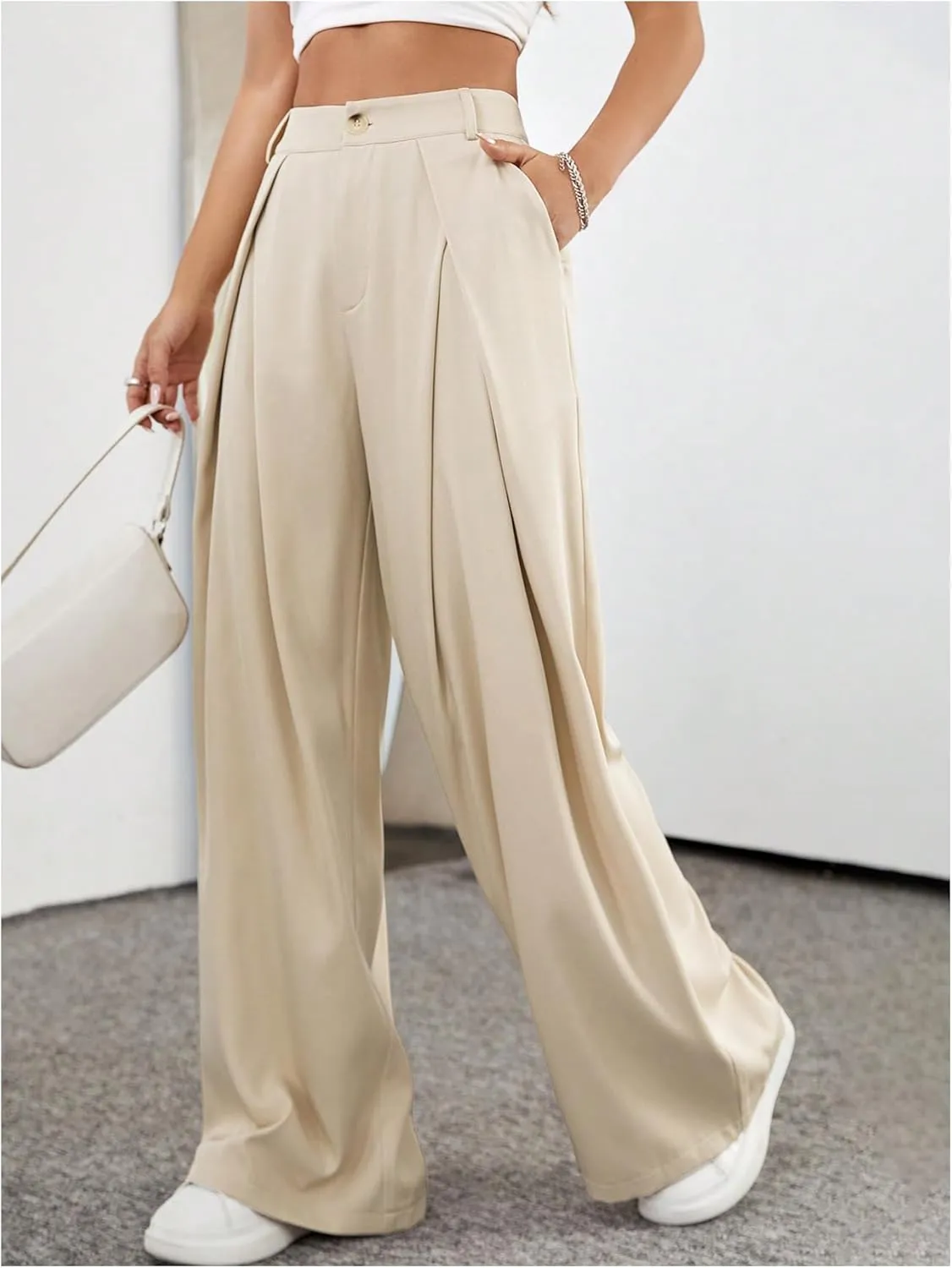 Floerns Women's Elegant Wide Leg Tapered Suit Pants Office Pleated Trousers